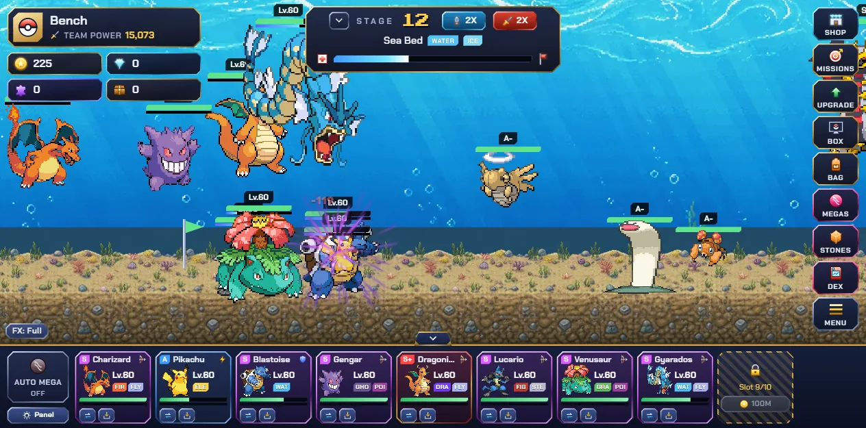 Team of Charizard, Pikachu, Blastoise, Gengar, Dragonite, Lucario, Venusaur and Gyarados in battle